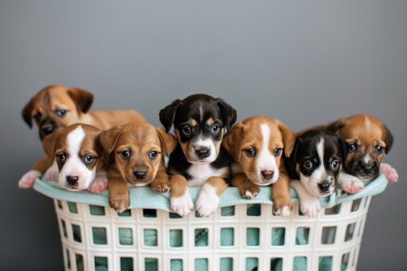 Cute little beagle puppies in basket on gray background, closeupの素材