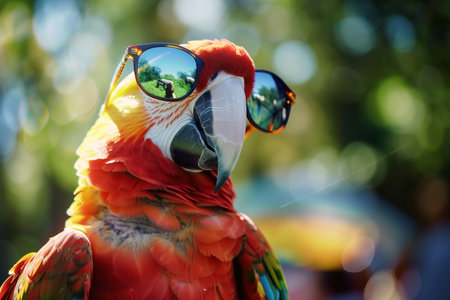 Parrot with sunglasses in the park. Close-up portrait.の素材