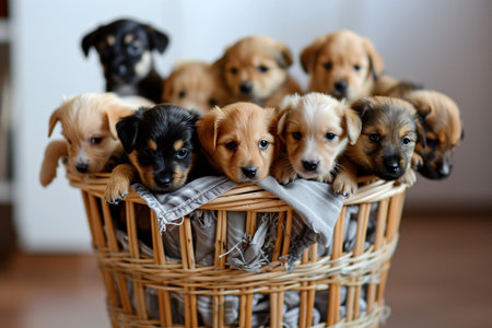 Group of puppies in a basket at home. Selective focus.の素材