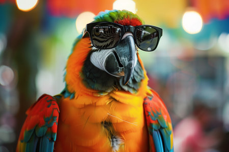 beautiful macaw parrot in sunglasses on the bokeh backgroundの素材
