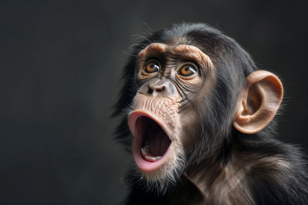 Chimpanzee monkey with open mouth on dark background, closeupの素材