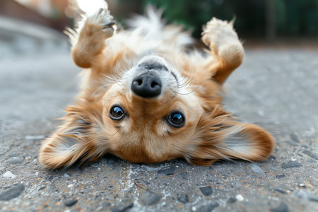 Cute dog lying on ground outdoors, closeup of photo.の素材