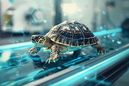 3d rendering of a tortoise on a reflective surface illuminated by blue lightの素材