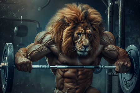 Portrait of a strong male lion in the gym. Bodybuilding concept.の素材