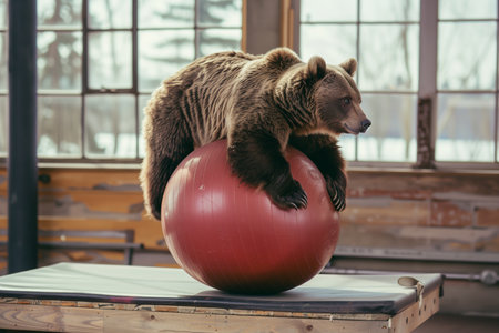 A brown bear sits on a red ball in a fitness center.の素材