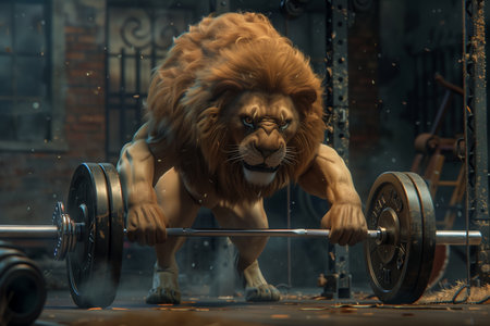 Lion lifting a barbell in a gym. 3d renderingの素材