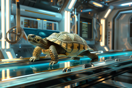 3D rendering of a tortoise inside a spaceship. Futuristic space stationの素材