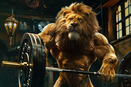 Lion with a barbell in the gym. Bodybuilding concept.の素材