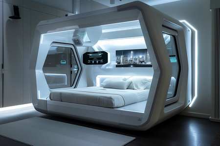 3d rendering of a futuristic bed room in a modern building.の素材