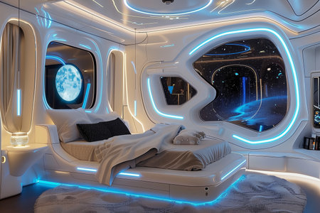 Interior of a spaceship. Futuristic interior design. 3D renderingの素材