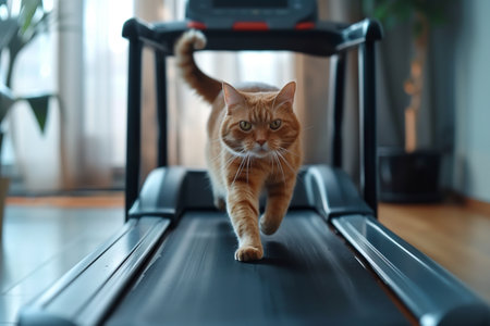 Cute ginger cat running on treadmill at home, closeup viewの素材