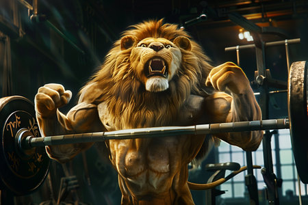 Lion in the gym. Strong male lion in the gym.の素材