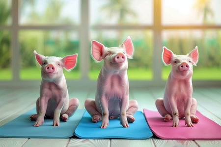 Three cute pigs sitting on yoga mats on bright background. Healthy lifestyle conceptの素材