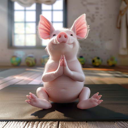 Cute little pig meditating on yoga mat in the room.の素材