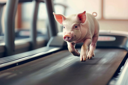 Cute little piglet running on treadmill in pet shop, closeupの素材