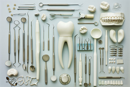 Dental tools and instruments on light blue background. Top view.の素材