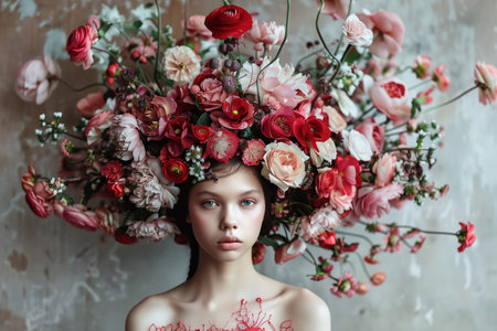 Beautiful girl with a wreath of flowers on her head.の素材