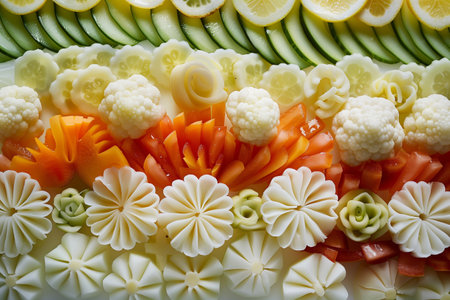 Slices of vegetables on a white plate, close-upの素材