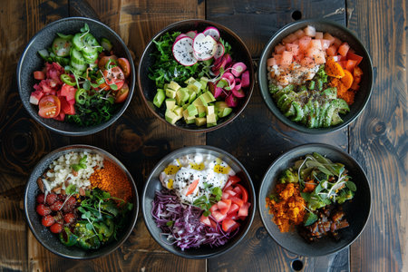 Variety of salads in bowls on dark wooden background, top viewの素材