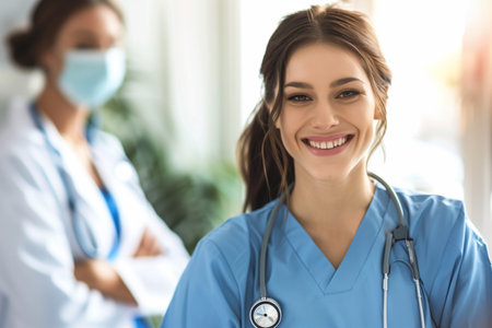 Portrait of smiling female doctor with stethoscope standing in hospitalの素材