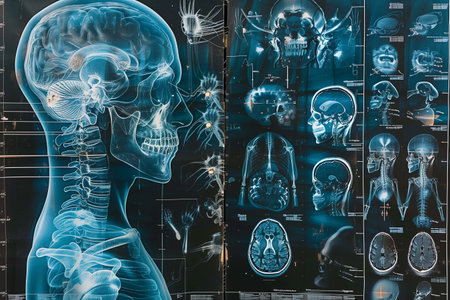 X-Ray image of human brain and internal organs in medical roomの素材