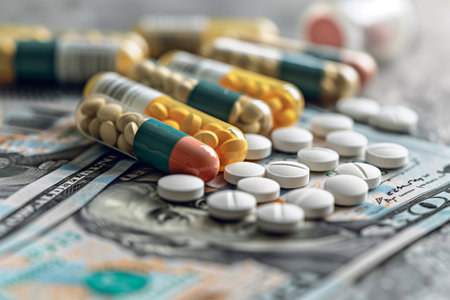 Pills and capsules on the background of the dollar. The concept of expensive medicine.の素材