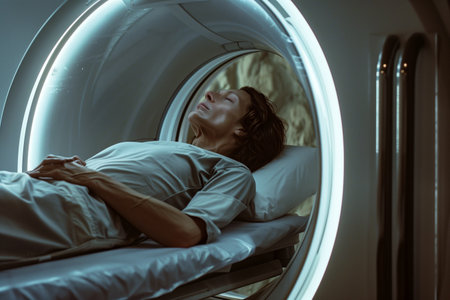 Young woman in a hospital looking at a tomography scanner. Toned image.の素材