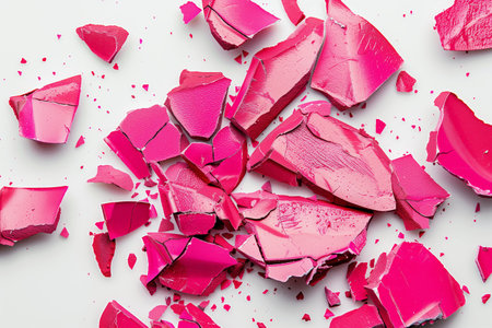 Pieces of broken pink lipstick on a white background close-upの素材