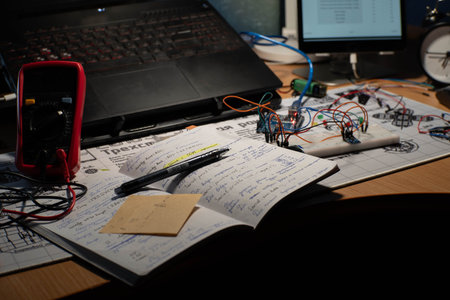 A detailed view of an electronics workbench setup, showing circuit boards, wires, a multimeter, and...