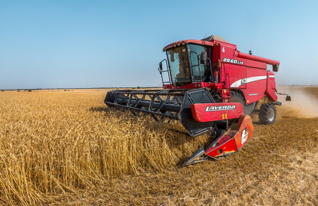 The combine harvester removes wheat fields. Harvest. The wheat ripened. Agricultural activities in the south of Russia.のeditorial素材
