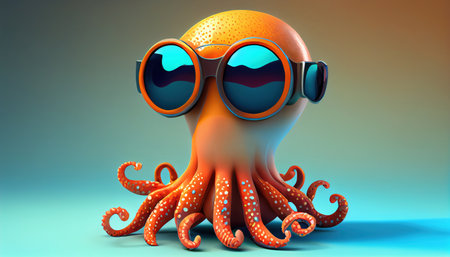 Octopus with sunglasses on blue background. 3d render illustration.の素材