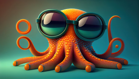 Octopus with sunglasses on blue background. 3d render illustration.の素材