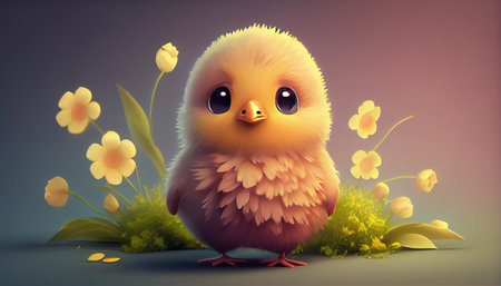 Easter chick with flowers and leaves. 3d render illustration.の素材