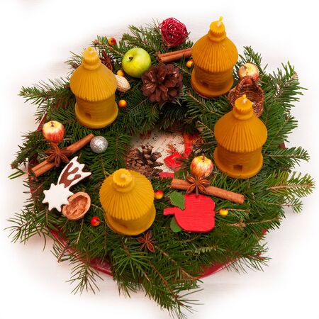 Vivid decorative Advent wreath with beeswax candlesの写真素材