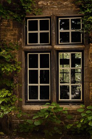 Traditional vintage wooden window in original stone house, window, stone wall and ivyの写真素材