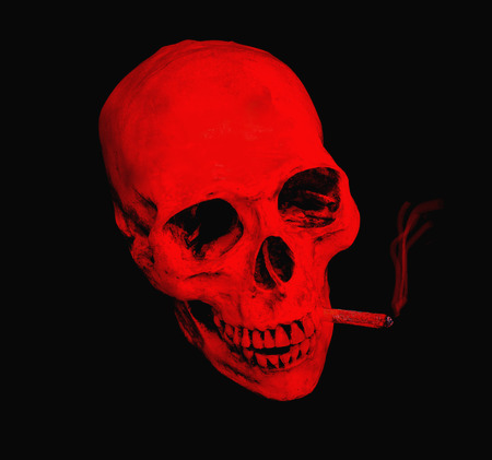 Red skull smoking marijuana cigarette with abstract, Clipping pathの写真素材