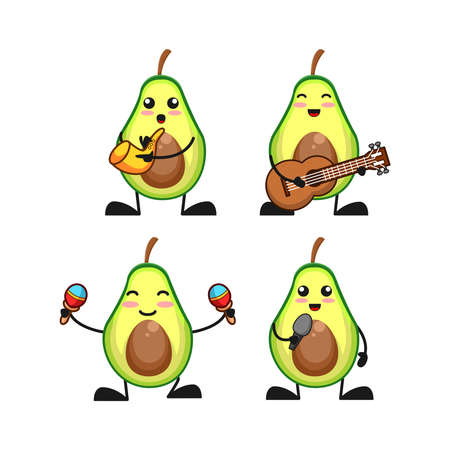 vector illustration of cute avocado fruit playing music theme bundle set. cute avocado fruit Concept White Isolated. Flat Cartoon Style Suitable for Landing Page, Banner, flyer, Sticker.のイラスト素材