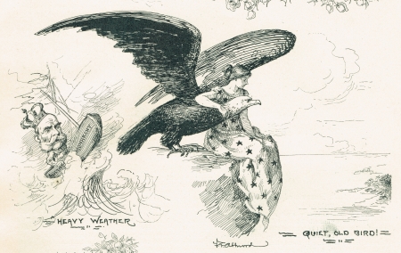 Lady Liberty Sits with her arms around the American Bald Eagle hugging the bird  Behind them is an old man in a ship in heavy weather  The sketch is from the Victorian era  のeditorial素材