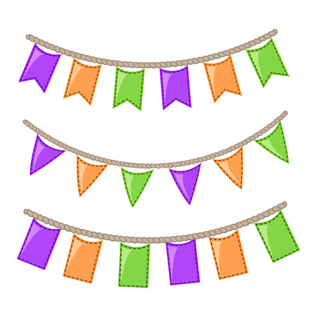 Halloween Decorations Set in Flat Style Isolated on White. Vector Illustration. Flag Garland with Holiday Cute Characters.のイラスト素材