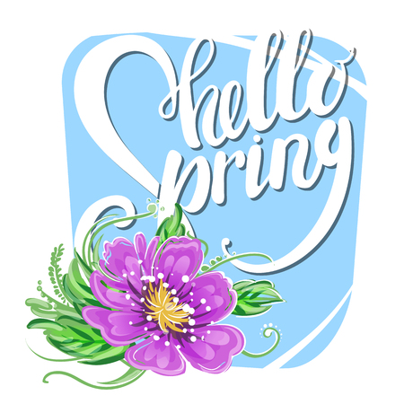 Hello Spring Lettering on background with spring flowersのイラスト素材
