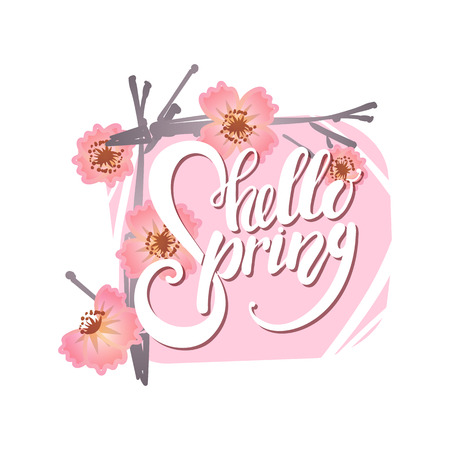 Hello Spring Lettering on background with spring flowersのイラスト素材