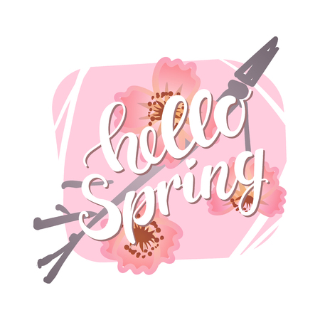 Hello Spring Lettering on background with spring flowersのイラスト素材