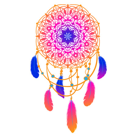 Ethnic Dreamcatcher with feathers and mandala. Vector illustration.のイラスト素材