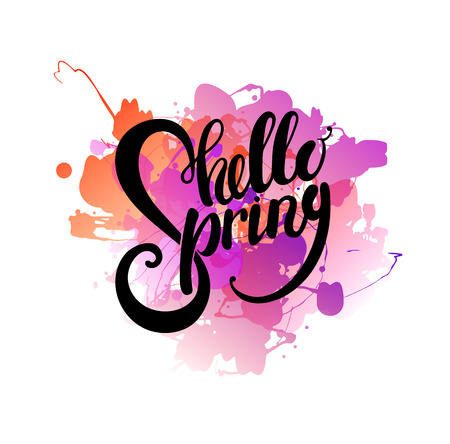 Hello spring lettering design greeting card template. Lettering design for posters, t-shirts, cards, invitations, stickers, banners, advertisement, social media content. Hello spring vector.のイラスト素材