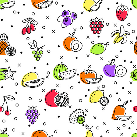 Seamless pattern of linear icons of fruits and berries.のイラスト素材