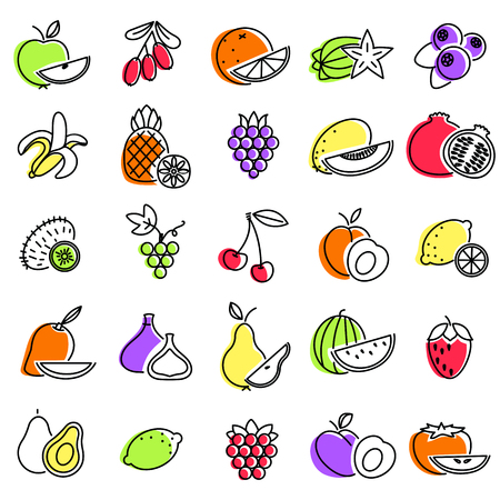 Outline icon set fruits and berries with elements for mobile concepts and web apps. Line and flat style icon. Vector sign.のイラスト素材