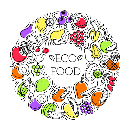 The frame of the line of icons of fruits and berries. Eco, organic and vegan food.のイラスト素材