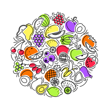 Outline icon set fruits and berries with elements for mobile concepts and web apps. Line and flat style icon. Vector sign.のイラスト素材