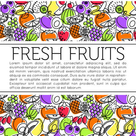 The frame of the line of icons of fruits and berries. Eco, organic and vegan food. Outline icon with elements for mobile concepts and web apps. Line and flat style icon. Vector sign.のイラスト素材