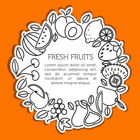 The frame of the line of icons of fruits and berries. Eco, organic and vegan food.のイラスト素材